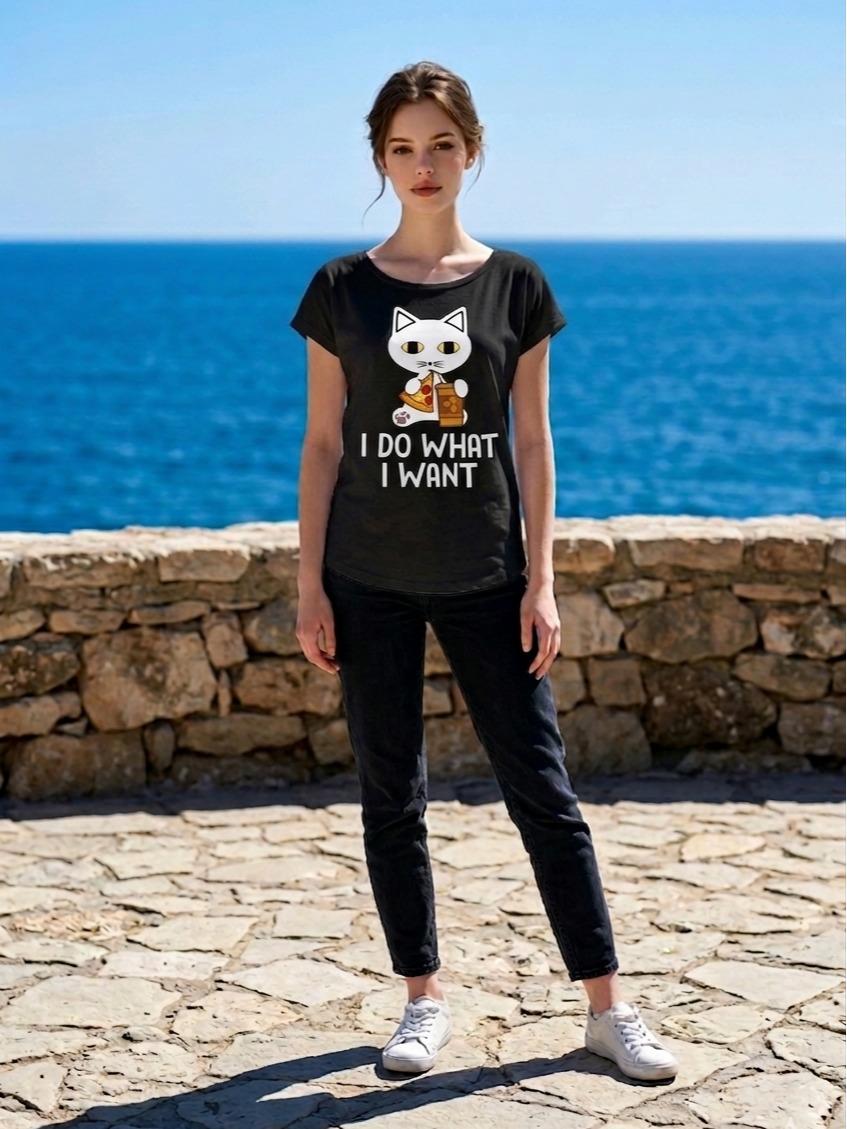 Rebel Cat T-shirt "I Do What I Want" Donna in Cotone Traspirante con Grafica Ironica e Taglio Moderno per Look Casual-Chic - immagine 4