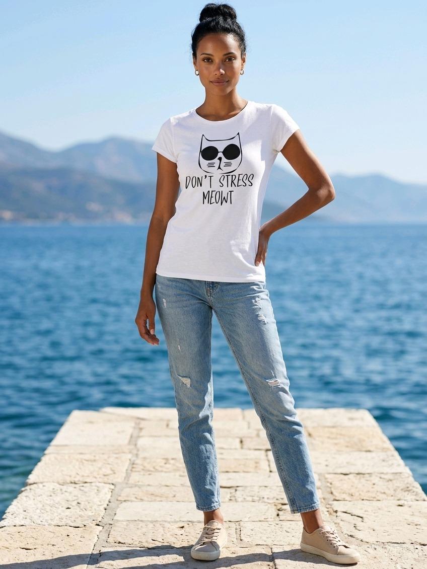 T-shirt "Don't Stress Meowt" Donna in Cotone Traspirante Mood Ironico Fit Moderno Comfort Top Ideale per Weekend al Mare o Aperitivo Informale - immagine 3
