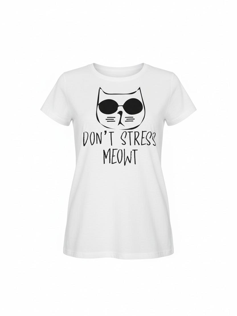T-shirt "Don't Stress Meowt" Donna in Cotone Traspirante Mood Ironico Fit Moderno Comfort Top Ideale per Weekend al Mare o Aperitivo Informale - immagine 5