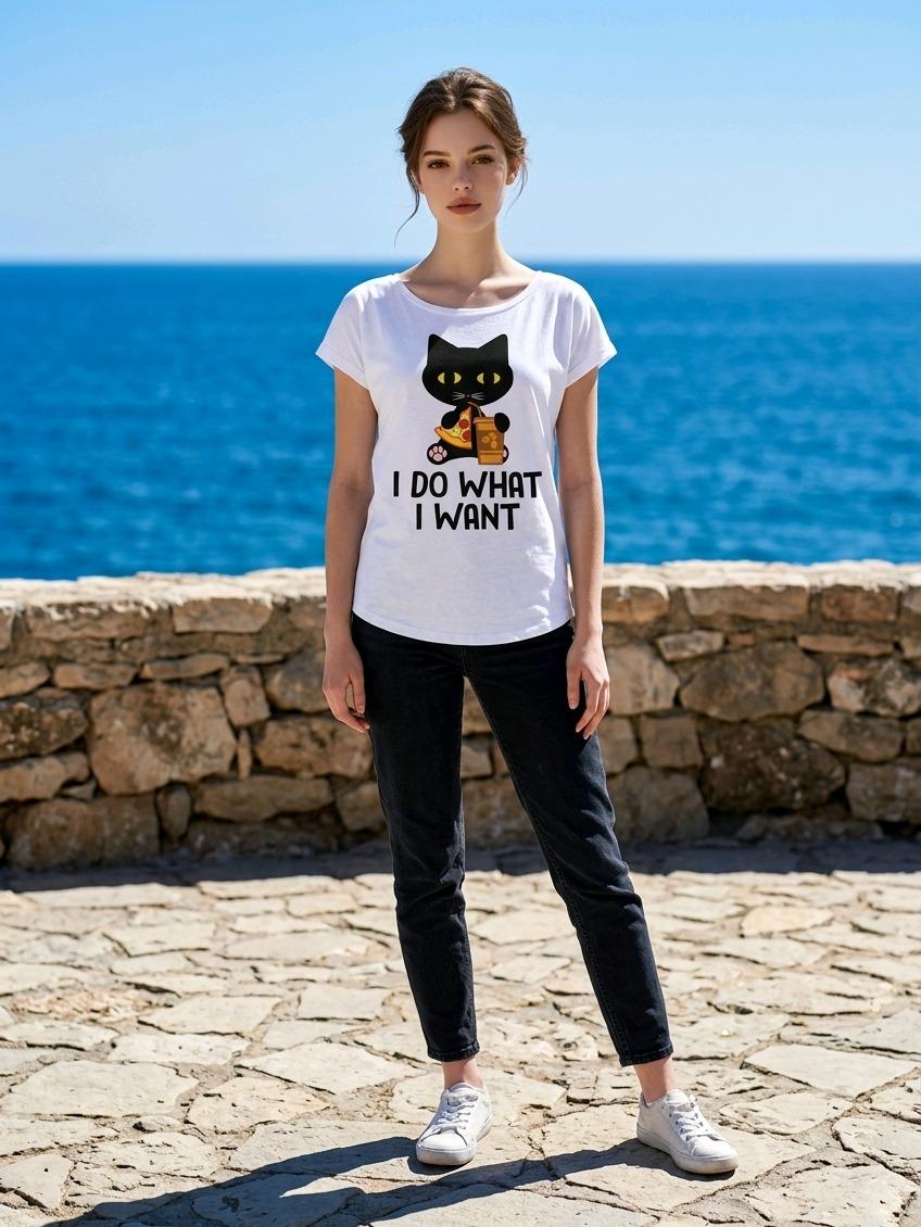 Rebel Cat T-shirt "I Do What I Want" Donna in Cotone Traspirante con Grafica Ironica e Taglio Moderno per Look Casual-Chic - immagine 2