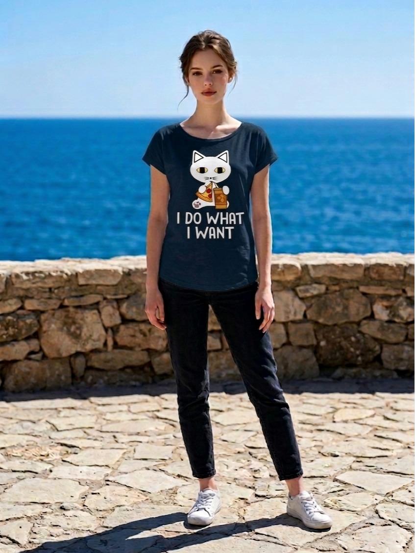 Rebel Cat T-shirt "I Do What I Want" Donna in Cotone Traspirante con Grafica Ironica e Taglio Moderno per Look Casual-Chic - immagine 3
