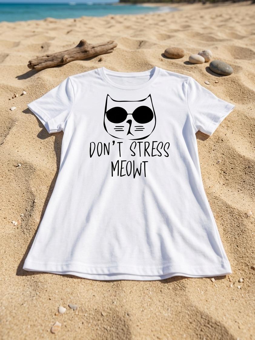 T-shirt "Don't Stress Meowt" Donna in Cotone Traspirante Mood Ironico Fit Moderno Comfort Top Ideale per Weekend al Mare o Aperitivo Informale - immagine 8