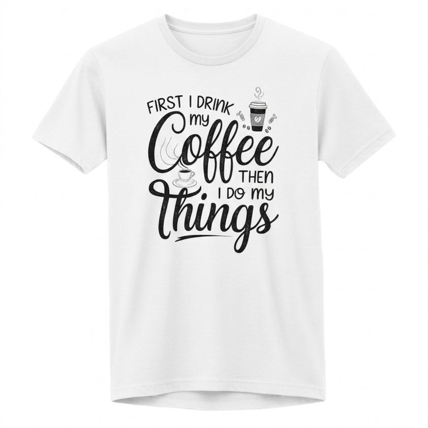 T-shirt Coffee First Donna in Cotone Leggero con Stampa Iconica "FIRST I DRINK MY Coffee THEN I DO MY things" per Massimo Comfort e Fit Versatile - immagine 5