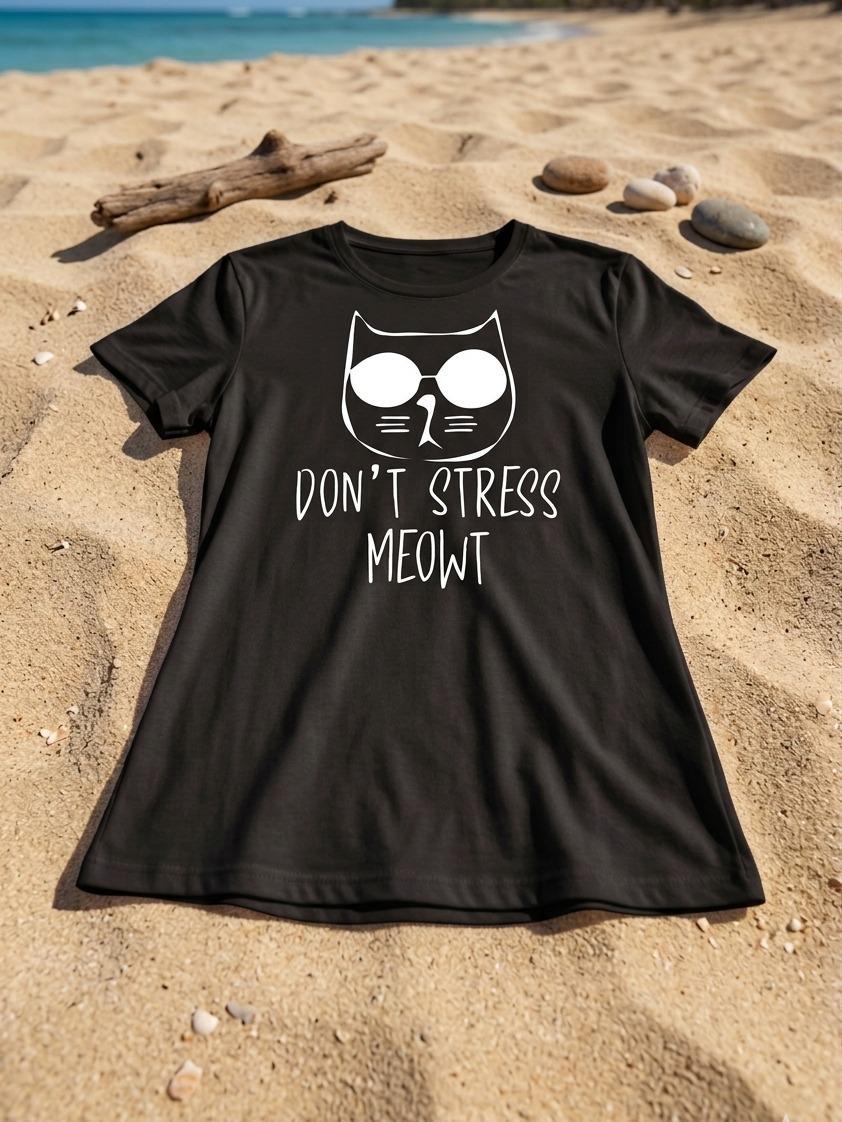 T-shirt "Don't Stress Meowt" Donna in Cotone Traspirante Mood Ironico Fit Moderno Comfort Top Ideale per Weekend al Mare o Aperitivo Informale - immagine 7
